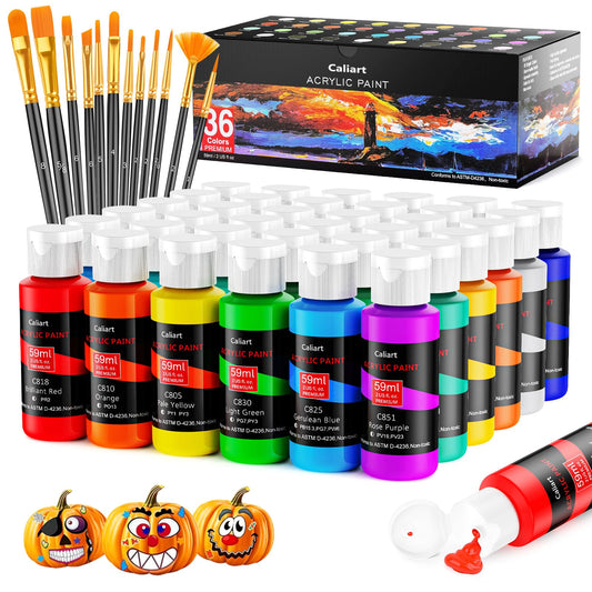Caliart Acrylic Paint Set With 12 Brushes, 36 Colors (59ml, 2oz) Art Craft Paints Gifts for Artists Kids Beginners & Painters, Halloween Pumpkin Canvas Ceramic Rock Painting Kit Art Supplies