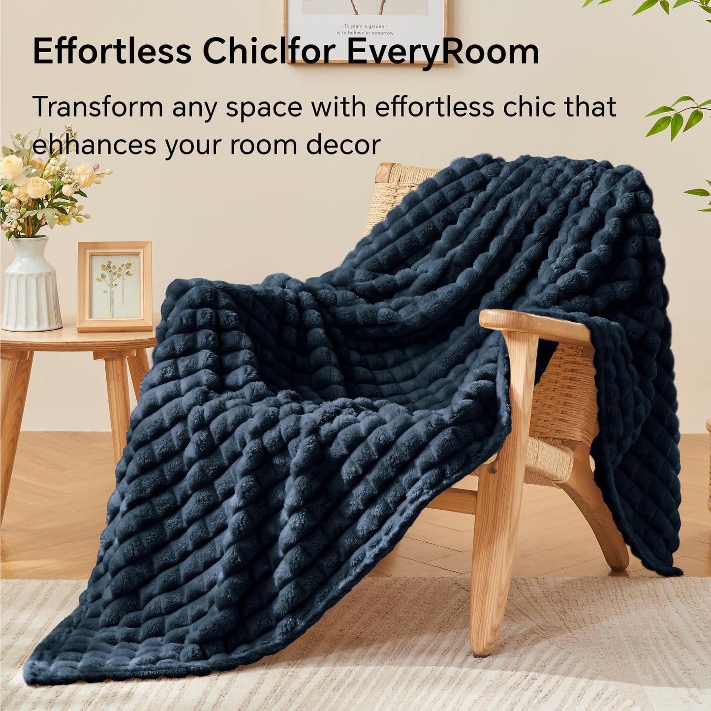 BEDELITE Navy Throw Blanket for Couch and Bed- Super Soft and Warm 3D Checkered Fluffy Fuzzy Fleece Blanket, Luxurious Plush Cozy Blanket for Room Decor Spring, 50x60 inches