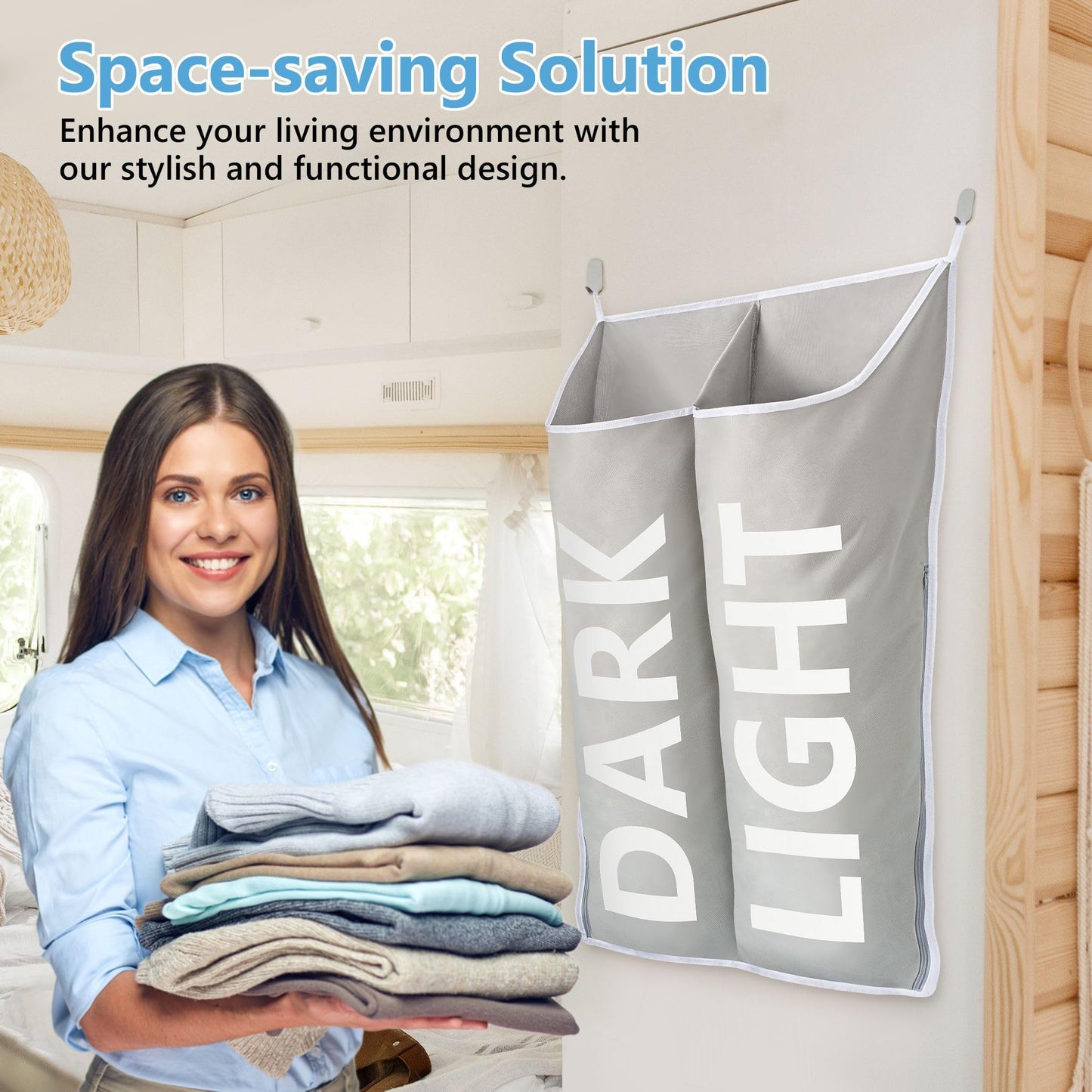 DONAQ Hanging Laundry Hamper Bag XL 40x22", Space Saving over the Door Storage Bags, Behind the Door Hampers for Dirty Clothes & Wall Mounted Basket for Bathroom, Organizer for Small Room Spaces RV