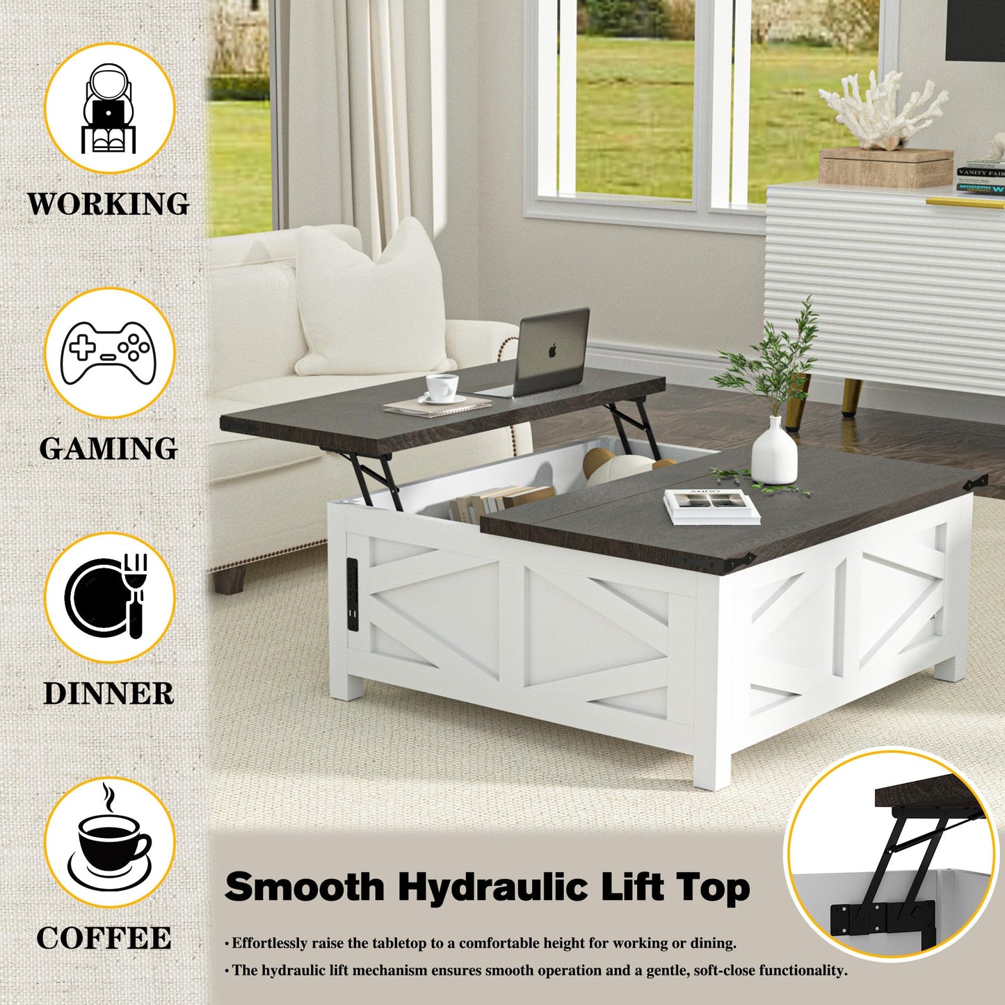 TOLEAD 36" Farmhouse Lift Top Coffee Table with Storage, Square Coffee Table with Charging Station, Living Room Center Table with Large Hidden Space, White