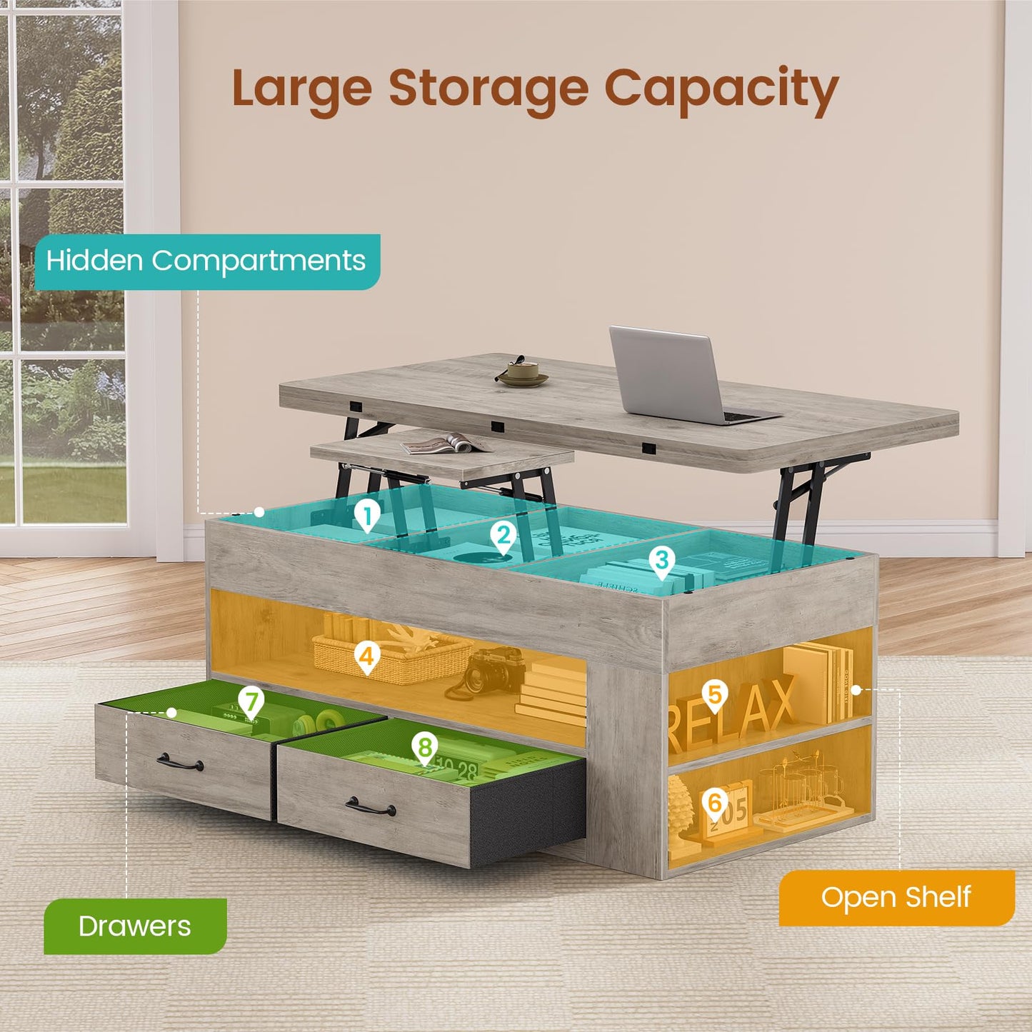 Itaar Lift Top Coffee Table, 4 in 1 Coffee Tables with Storage and Hidden Compartment, Farmhouse Coffee Table with 2 Fabric Drawers & LED Light for Living Room, Grey Oak