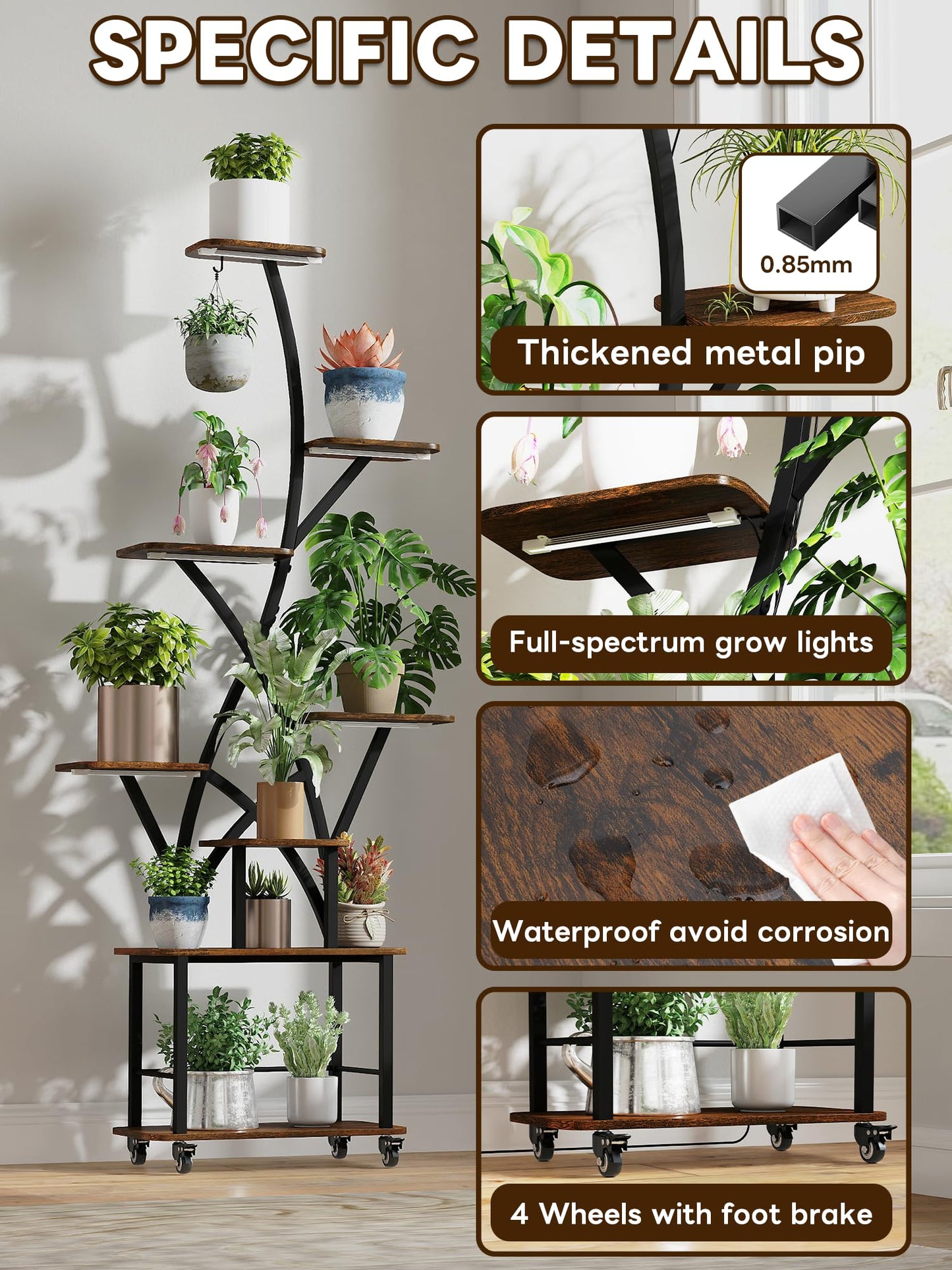 Plant Stand Indoor with Grow Lights 64" Tall Plant Shelf with Wheel Lighted Corner Plant Stands for Indoor Growing Multiple Metal 8 Tiered Large Flower Holder Plant Rack for Home Patio Balcony