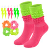Neon Slouch Socks for Women, 80s 90s Scrunch Knee High Socks with Neon Earrings and Scrunchies for 80s 90s Party