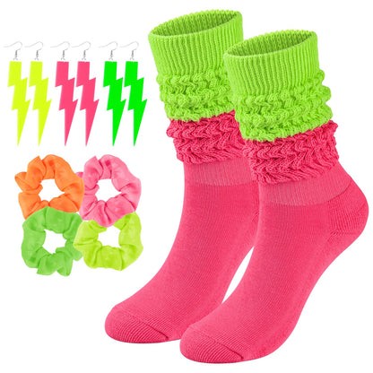 Neon Slouch Socks for Women, 80s 90s Scrunch Knee High Socks with Neon Earrings and Scrunchies for 80s 90s Party