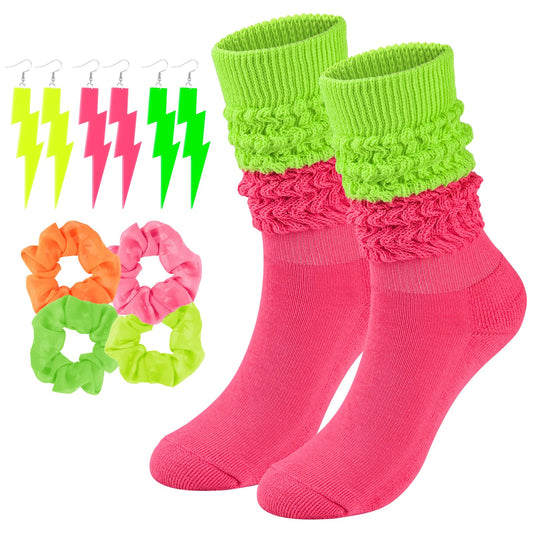 Neon Slouch Socks for Women, 80s 90s Scrunch Knee High Socks with Neon Earrings and Scrunchies for 80s 90s Party
