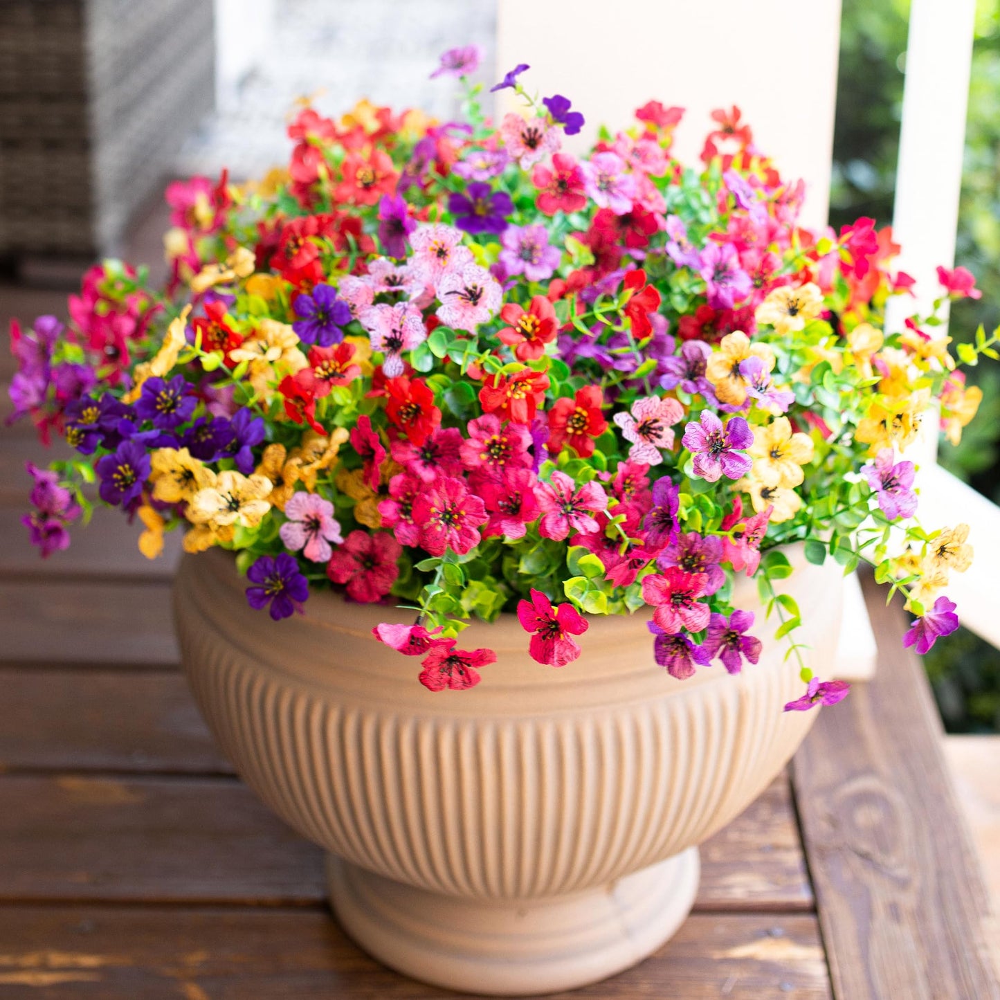 Artificial Flowers for Outdoor Indoor Garden Home Decoration, Faux Flower Daisy with Eucalyptus Leaves Fake Plants Greenery Boxwood Porch Patio, 12 Bundles (Mix Pink Red Purple Yellow)