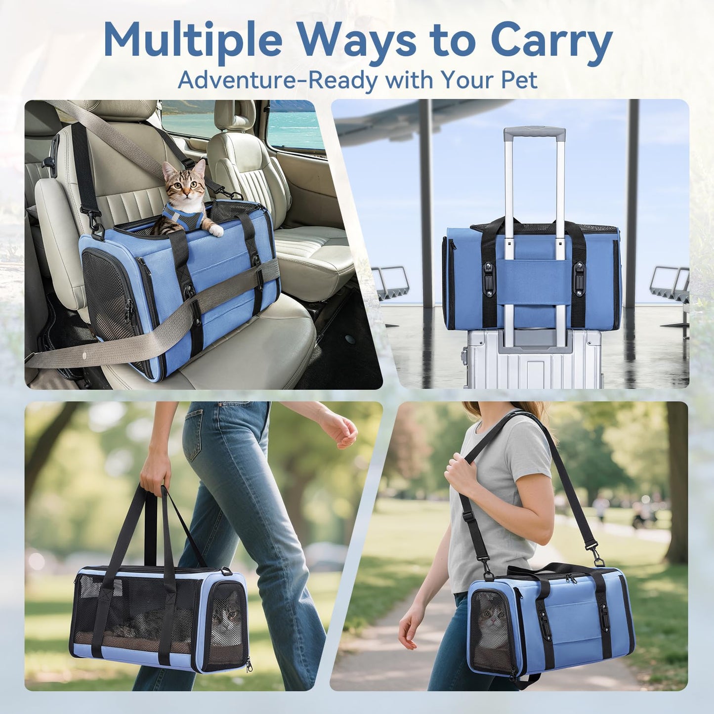 PETSFIT Soft-Sided Cat Carriers & Car Seats with Patent Safe Buckles, Clip-On Harness，18"x11"x11" Airline Approved Pet Carrier - 9 lbs Capacity (Blue)