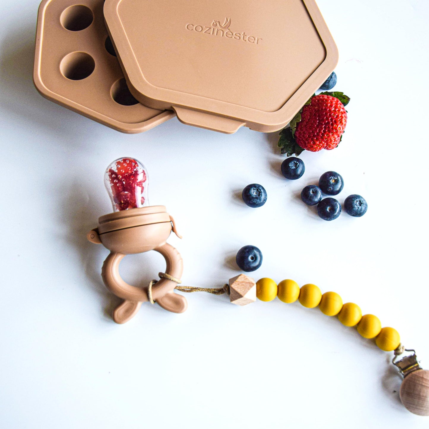 Cozinester Baby Fruit Feeder & Teething Relief | Baby Feeding Essentials | Innovative Baby Teething Relief Tool | BPA Free Breast Milk Popsicle Teether for Self Feeding | Includes 2 Pouches (Brown)