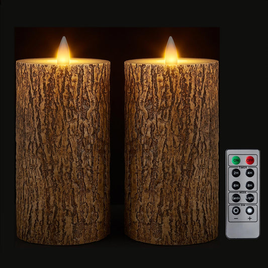 CozierGlow Brown Bark Wax Flameless Pillar Candles with Remote Timer, 3D Moving Flame Led Candles up to 400 Hours with 2AA Batteries, Set of 2(3''x6''), Remote Included (Brown).