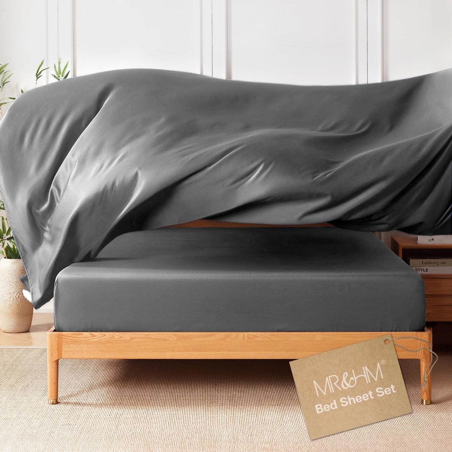 MR&HM Queen Sheet Set, 4-Piece Cooling Sheets, Rayon Derived from Bamboo & Polyester Blend, Soft & Silky, 15" Deep Pockets with Elastic Straps, Hotel Luxury for Hot Sleepers, Grey