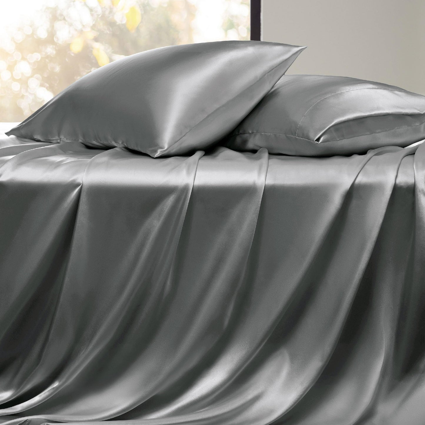 Bedsure Satin Sheets Queen Size - Luxury Silky Bed Sheet Set, Ultra Soft & Wrinkle Free, Good for Hair & Skin, Gifts for Women, 15 Inches Deep Pocket, 4-Piece (Queen, Dark Grey)