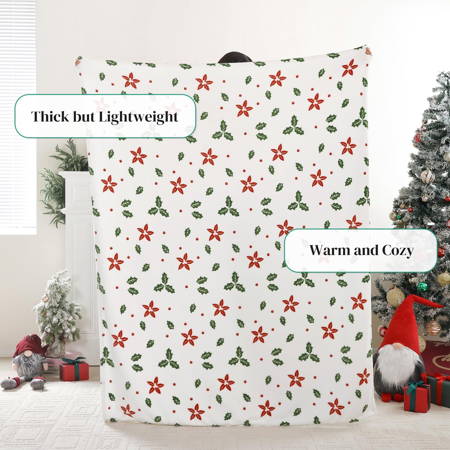 Fleece Print Throw Blanket, Super Soft Plush Cozy Fuzzy Red Floral and Green Leaves Printed Throw Blankets for Couch Sofa Bed, and Home Décor, Microfiber Flannel, All Seasons 50x60 Inches