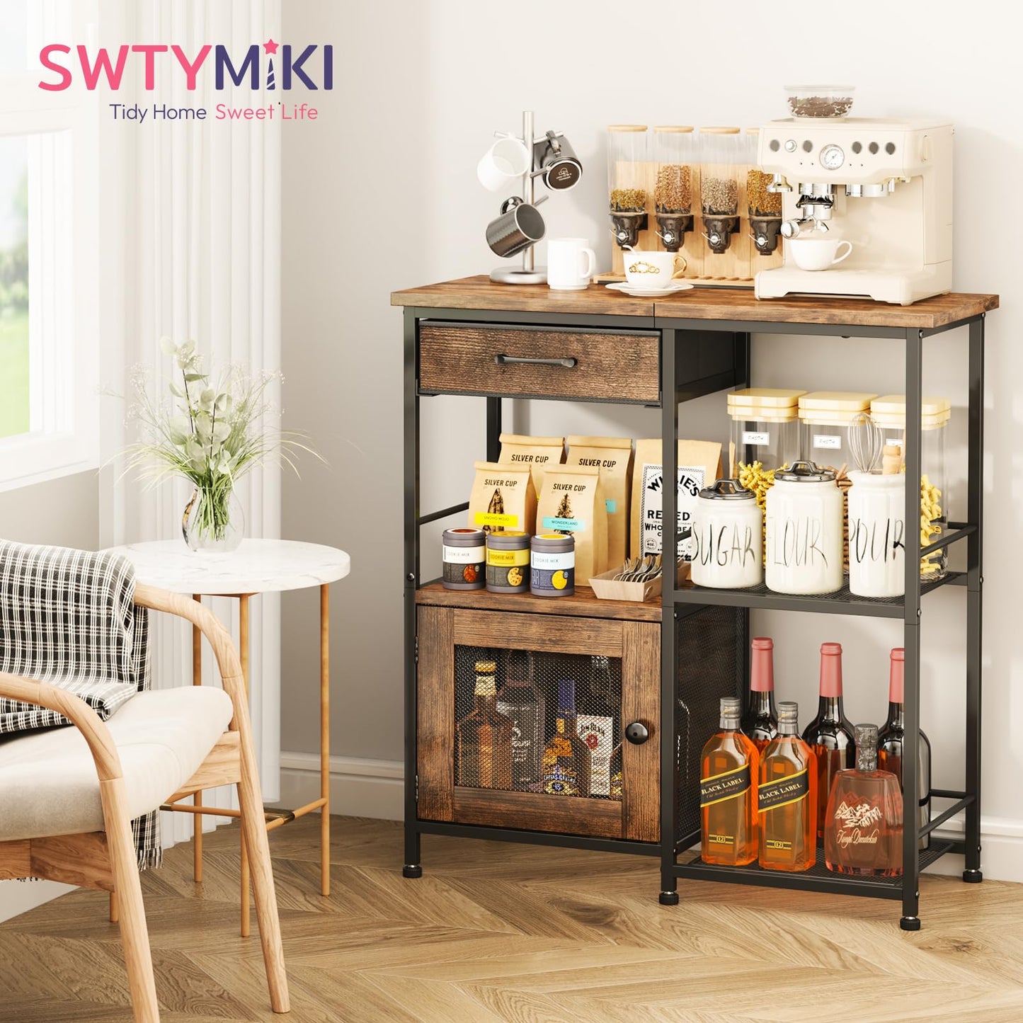 SWTYMIKI Coffee Bar Cabinet for Home - Farmhouse Coffee Stand Station Multi-Purpose Buffet Sideboard Cabinet with Drawers - Kitchen Bar Table for Living Room, Corner, Small Space, Espresso