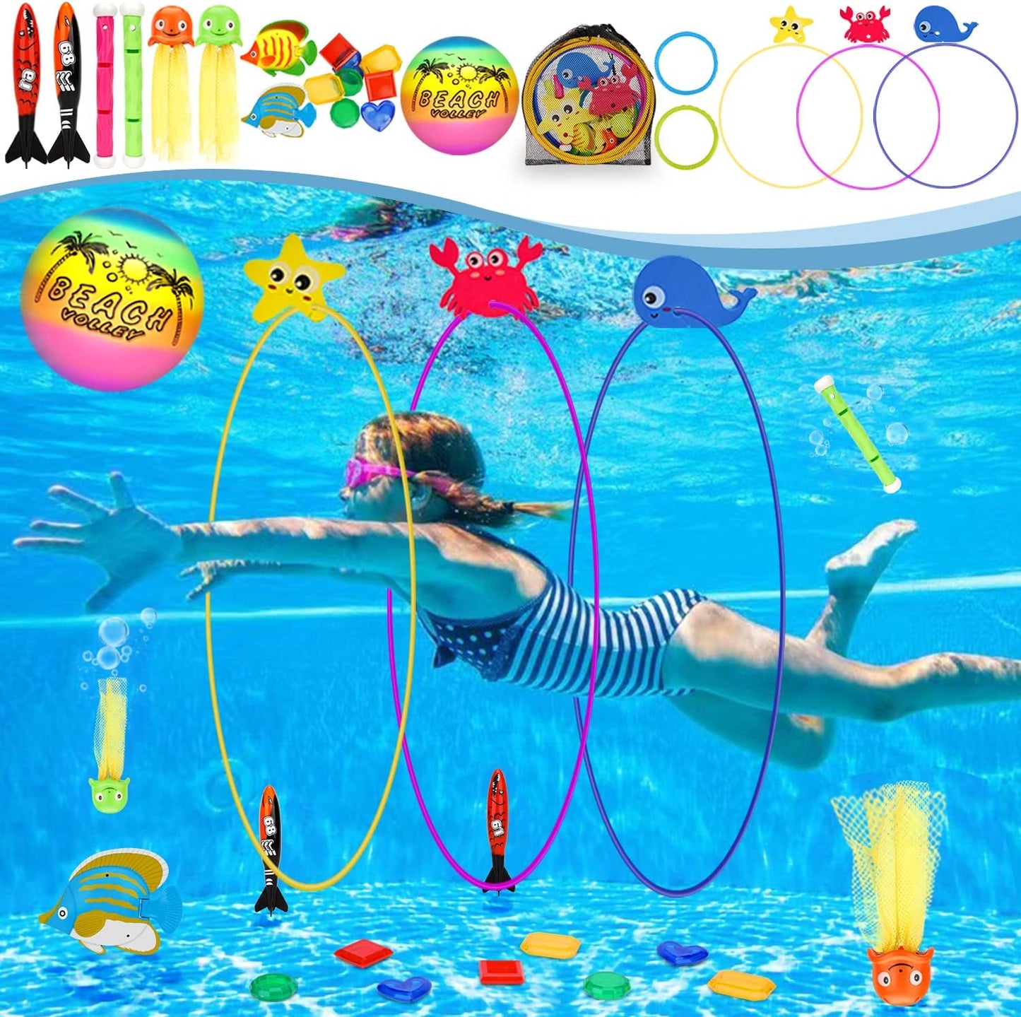 Diving Toys, 27 Pcs Pool Toys with Swim Thru Rings for Kids Age 3-12, Dive Sticks, Rings, Gem, Octopus, Torpedo, Mesh Bag Include