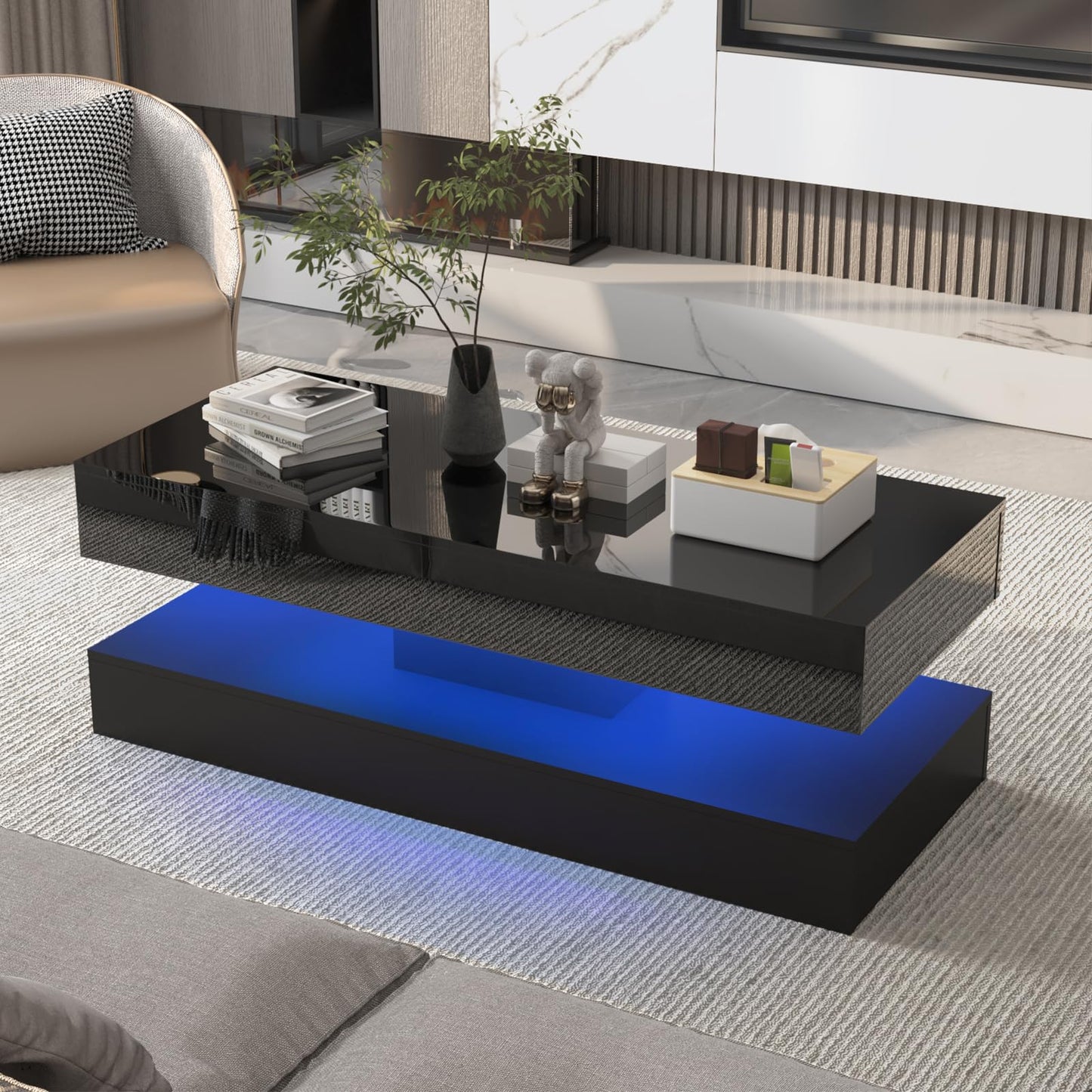 Uspeedy 47.3IN High Glossy LED Coffee Table,Modern Coffee Tables for Living Room,Living Rooms Tables,Large Living Room Furniture,APP LED Lights,Black/White Coffee Table for Livings Room (Black)