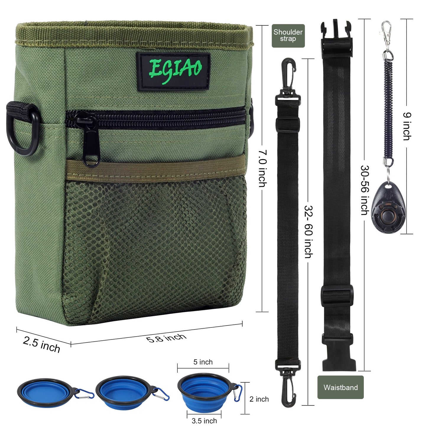 Dog Treat Pouch with Collapsible Dog Bowl, Training Clicker and Poop Bags, Treat Pouches for Pet Training, Magnetic Closure, Built-in Poop Bag Dispenser, Waist Belt Clip, Puppy Treat Bag - Green