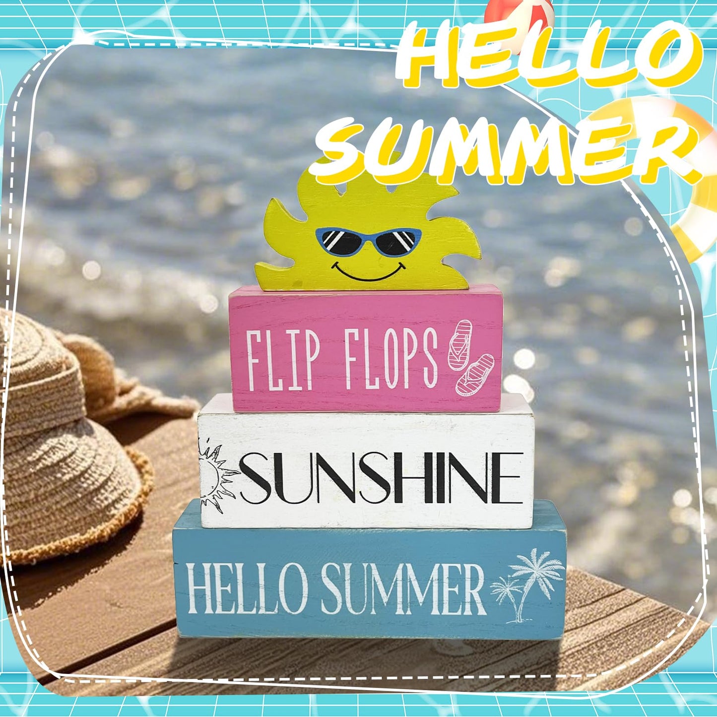 Lebsitey 4 Pcs Summer Wooden Sign Decor, Summer Home Table Decor, Human Sunshine Tiered Tray Decorations for Table & Home Office Decorations