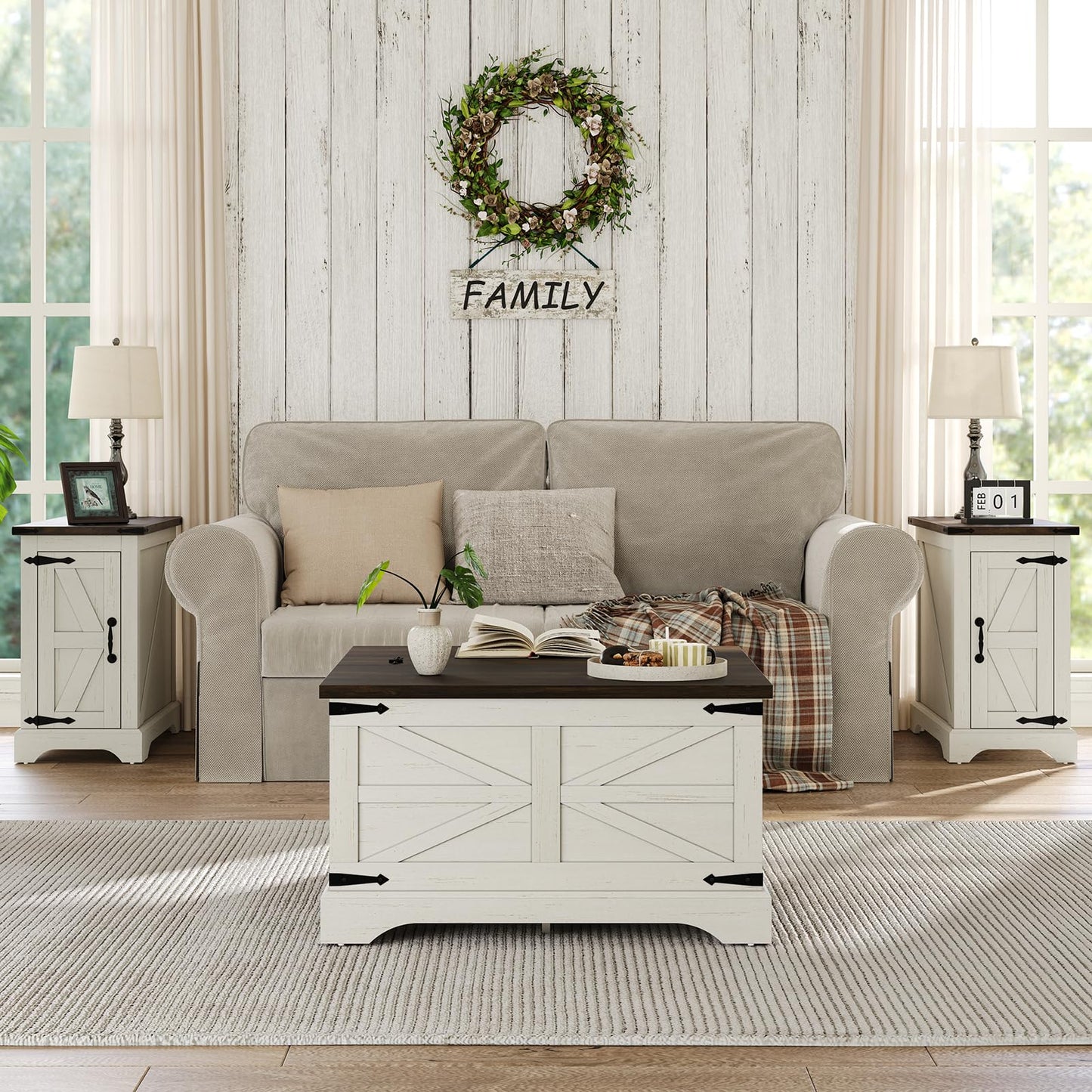 Furnideco Farmhouse Lift Top Coffee Table, Square Wood Center Table with Large Hidden Storage Compartment for Living Room, Rustic Cocktail White Modern Table with Hinged Lift Top, Brown Top