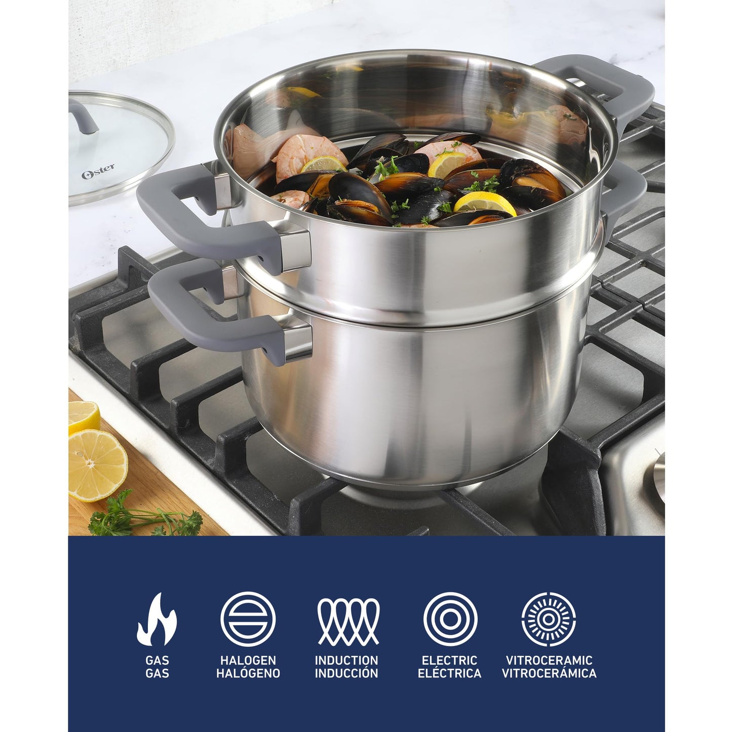 Oster Beauford 9 Piece Stainless Steel Non-Toxic Pots and Pans Cookware Set W/Tri-Ply Encapsulated Bottom & Soft Touch Handles