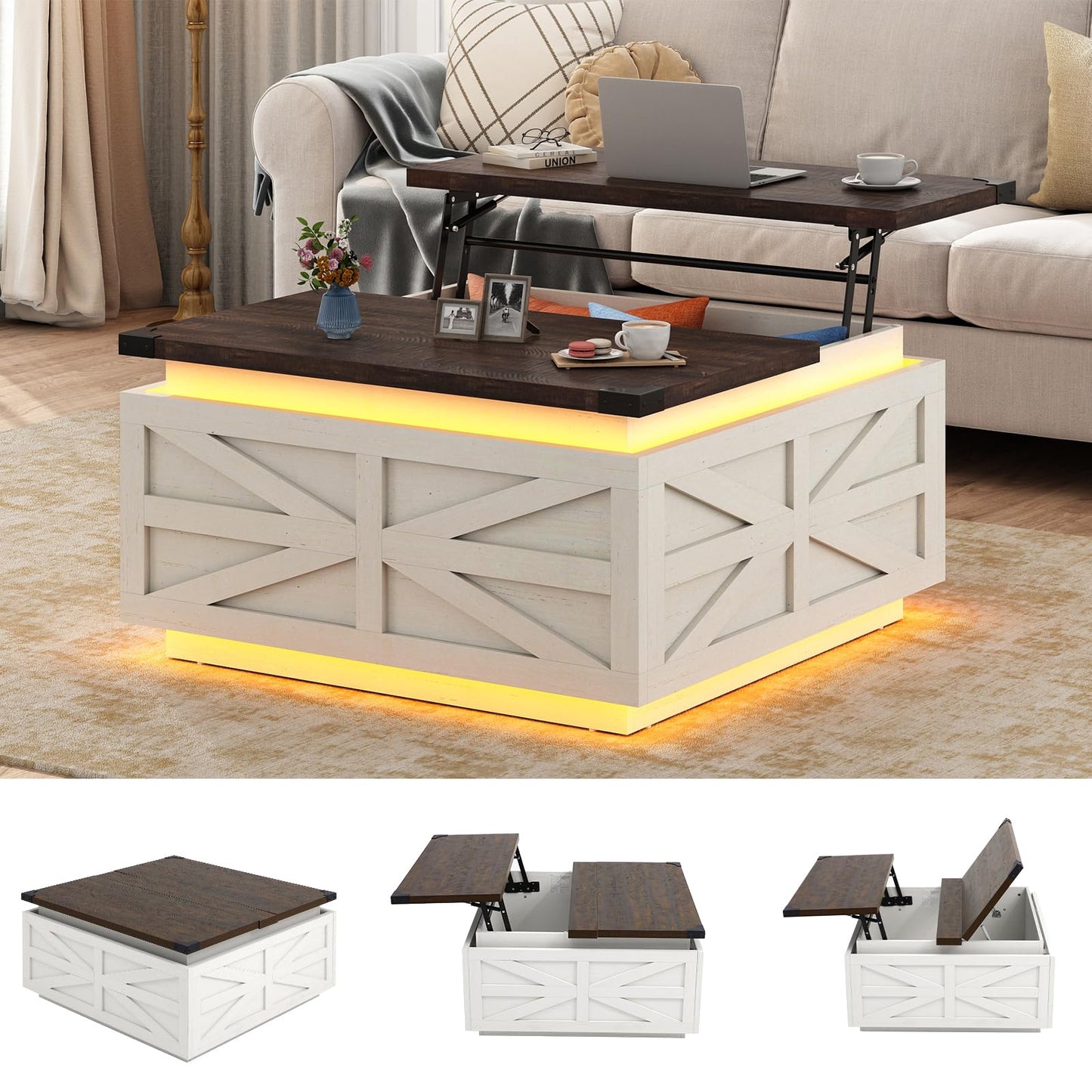 Large Farmhouse Lift Top Coffee Table with Hidden Storage Compartment, Wood Square Center Table with Charging Station&USB Ports for Living Room, White