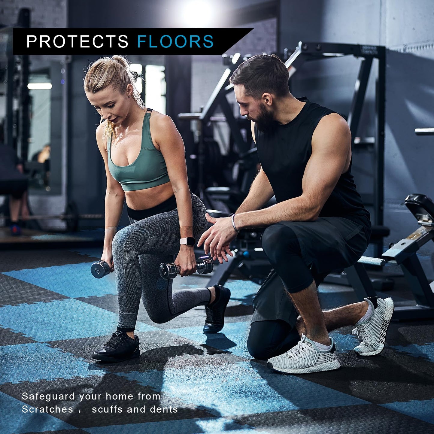 Holymus 1 in Thick 48 Sq Ft EVA Foam Exercise Gym Mats 12 Pcs - Interlocking Puzzle Floor Tiles for Home Gym Heavy Workout Equipment Flooring - 24 x 24in Tile, Black & Blue