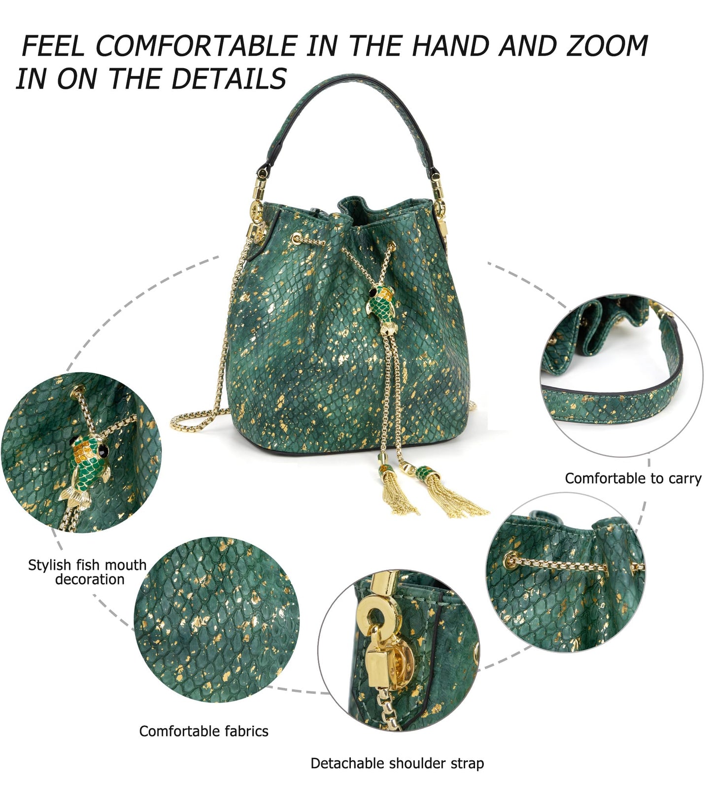 myfriday Leather Crossbody Bucket Bag for Women Luxury Drawstring Bag Evening Shoulder Bag with Datchable Chain Strap