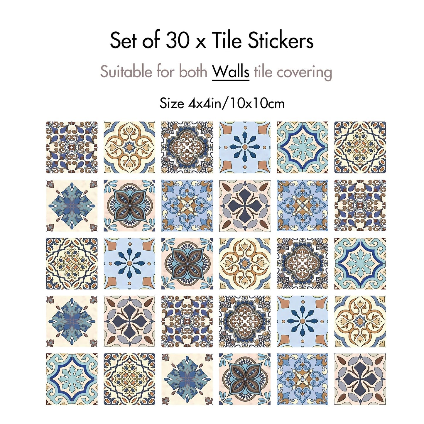 Moroccan Tile Stickers 30-Pack, 4x4inch – Peel and Stick Vinyl Decals, Waterproof Removable Backsplash Tiles for Kitchen, Bathroom & Furniture Decor