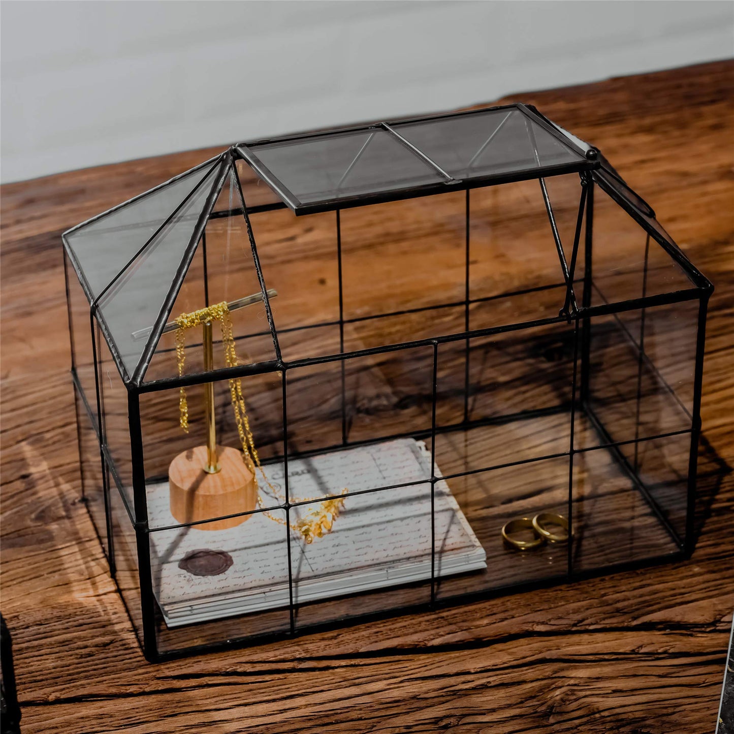 NCYP Glass Terrarium Planter with Lid for Small Succulent Cacti, Grid House Shape Black Geometric Terrarium Pot, Home Garden Indoor Tabletop Decor, 9.84" x 5.31" x 7.87" (No Plants)