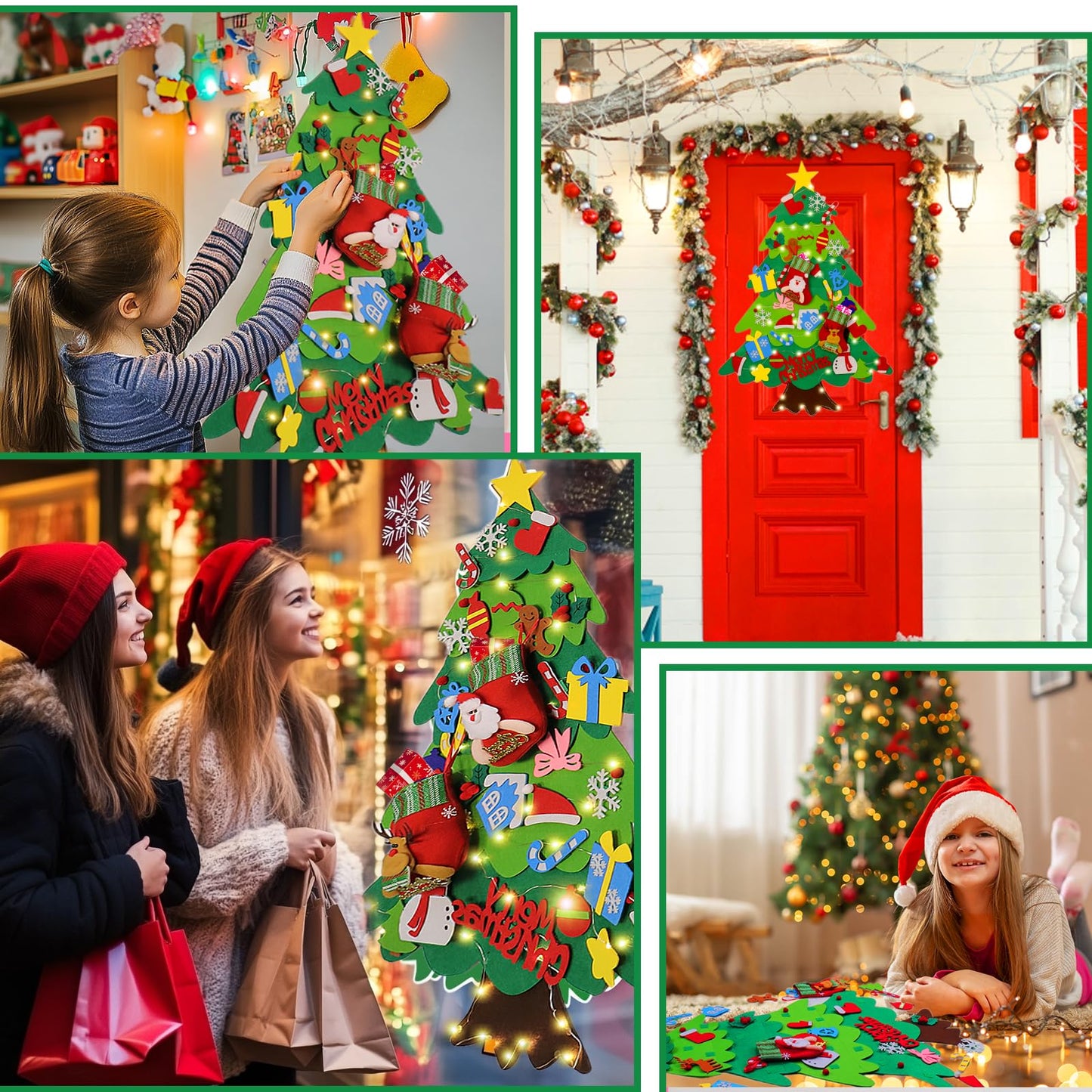 BABORUI Felt Christmas Tree for Kids with Christmas Stockings, Xmas Wall Hanging Ornaments Decorations with String Light for Toddlers, for Kids