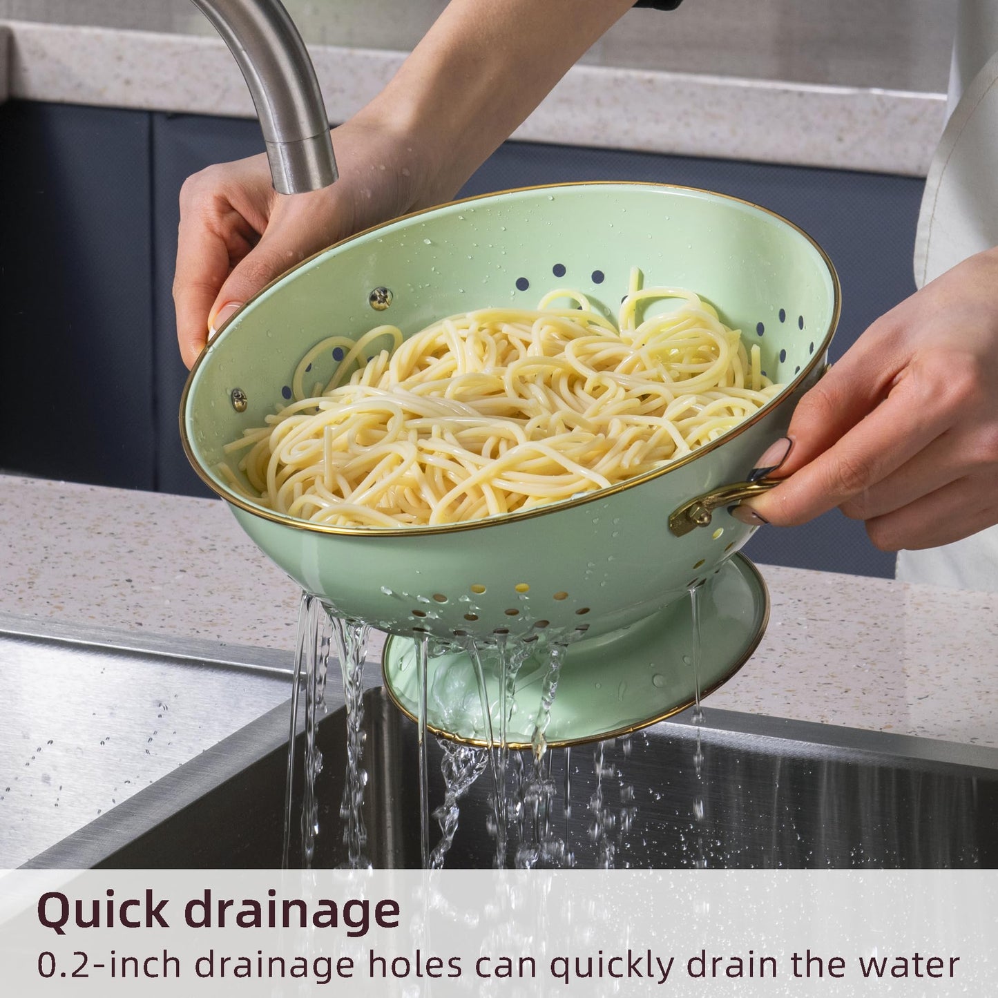 Metal Colander Set of 3, Strainer Basket with Handles perfect for Spaghetti, Pasta, Berry, Vegetable, Fruit, Solid Base Powder Coated Kitchen Essential Strainer Set, 1 & 3.5 & 5 Qt (Green)