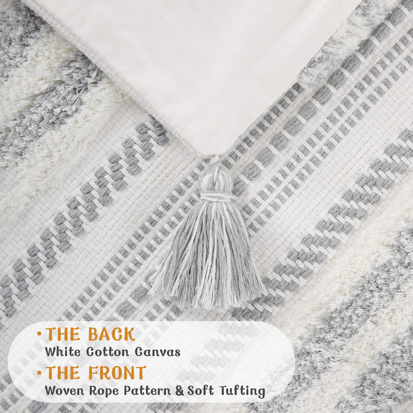 decorUhome Decorative Boho Throw Pillow Cover 12x20, Lumbar Accent Neutral Textured Tufted Pillow Cover Striped for Couch Bed Sofa, Grey and Cream White, Pack of 1