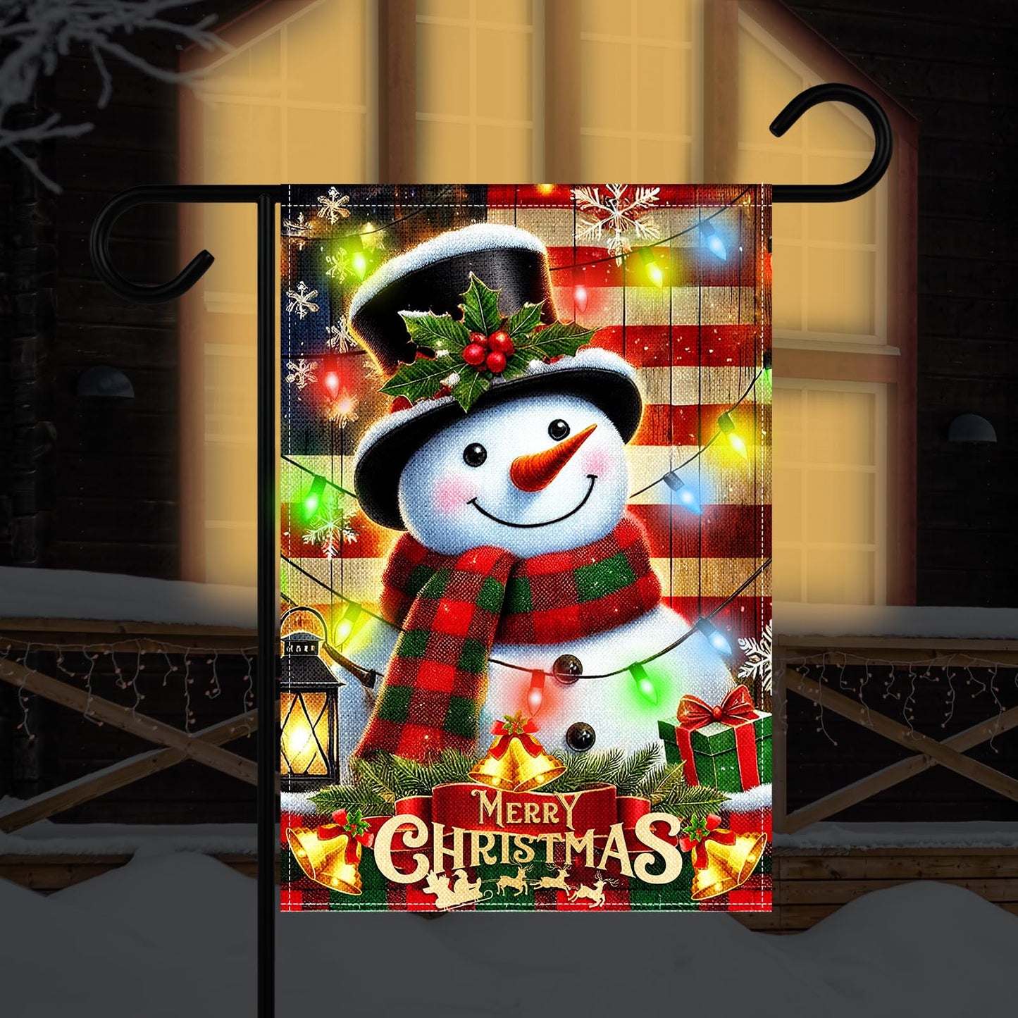 12 x 18 Inches Lighted Snowman Garden Flag Decorations - Double-Sided Vertical Christmas Holiday Yard Flag Sign with LED Lights, Indoor Outdoor House Patio Décor Party Supplies