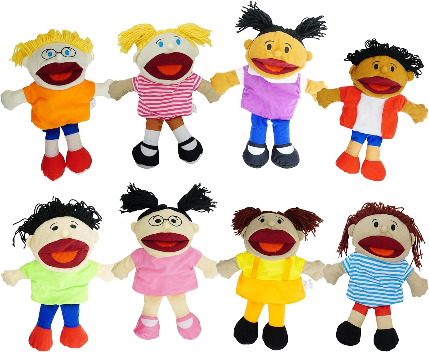 4E's Novelty Multicultural Hand Puppets for Kids - 8 Pack with Movable Mouth, Bulk Soft Plush Puppets for Kids Ages 4-8, for School Home Theater Shows, Teachers Classroom Supplies