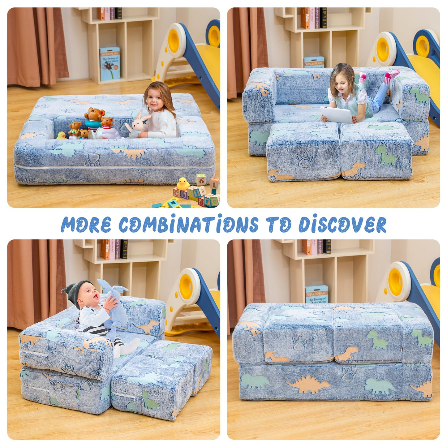 furlinkhm Toddler Couch, Glow in The Dark Kids Play Couch Toddler Fold Out Couch, Kids Fold Out Couch for playroom, Convertible Baby Fold Out Play Foam and Floor Cushion for Bedroom, Blue+Dinosaur