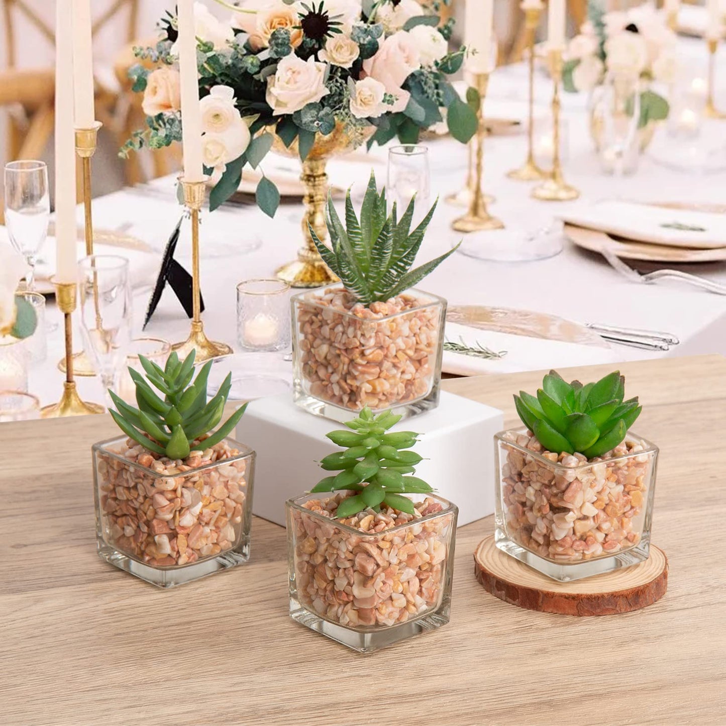 Briful Mini Fake Plants 4 Packs Succuletns Artificial Potted Plants in Cube Glass Vase Faux Succulents for Bathroom Living Room Kitchen Shelf Table Decor