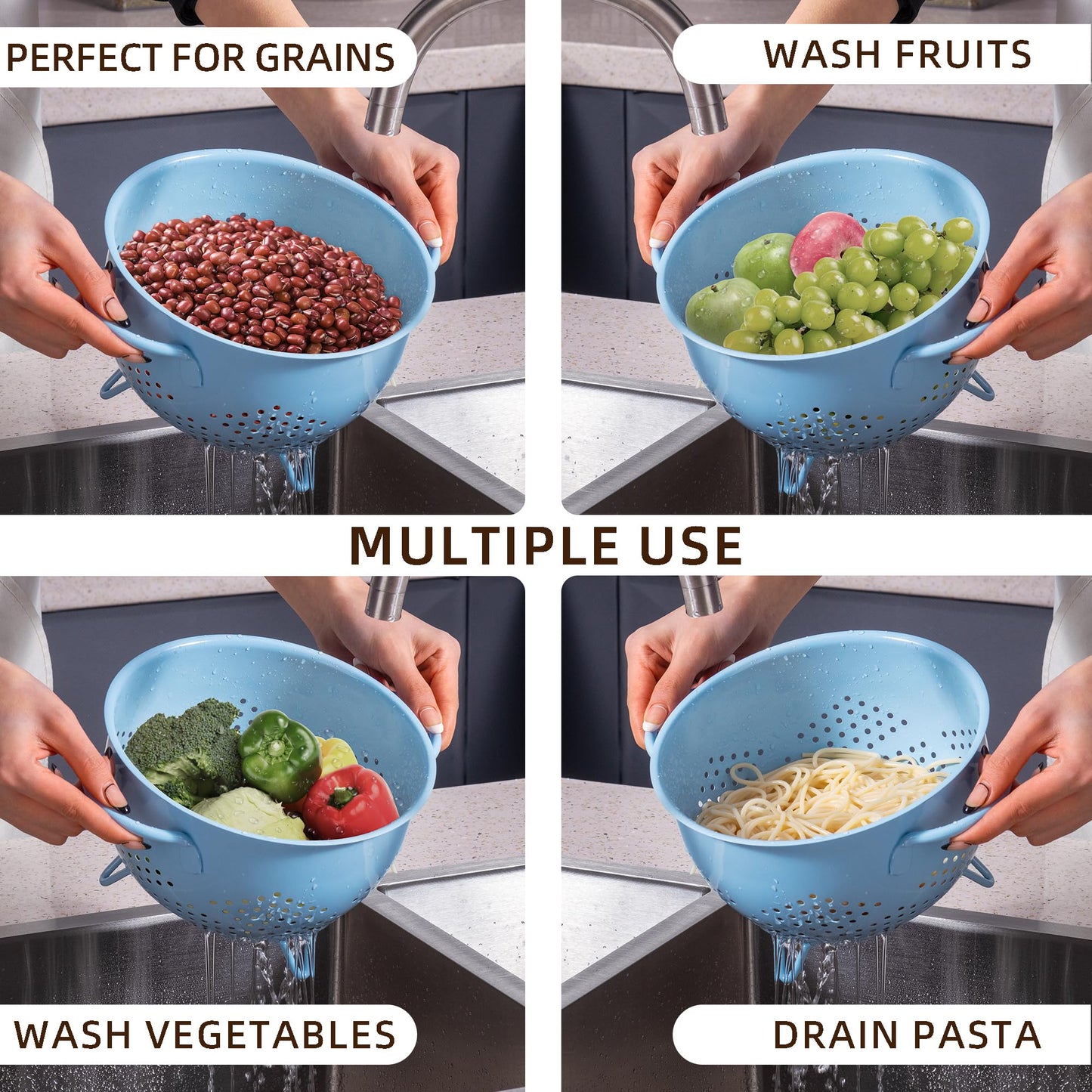 Metal Colander 5 Quart Powder Coated Self-draining Metal Strainer with Base,Kitchen Pasta Fruit Vegetable Basket with Double Handles,blue