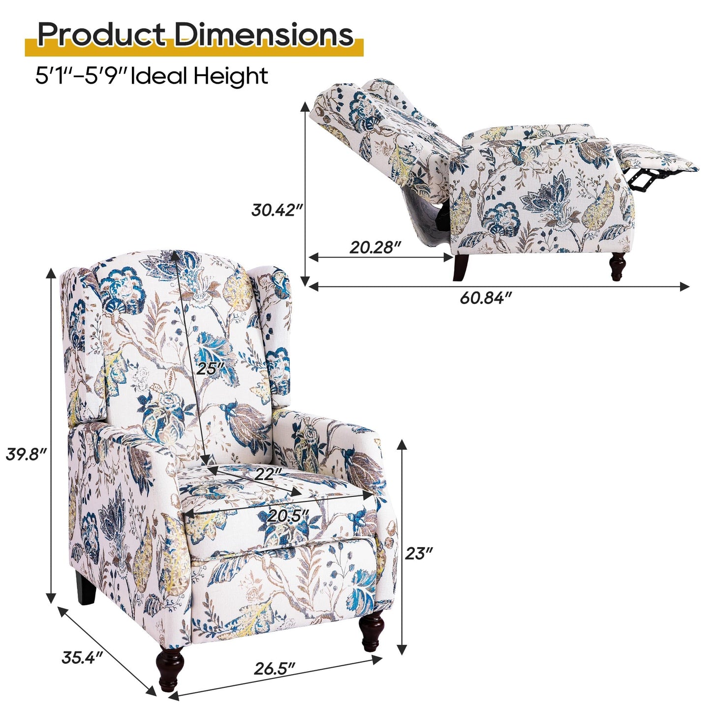 GUEAPY Mid Century Modern Wingback Recliner Chair for Adults, Push Back Upholstered Accent Chair with Floral Fabric, Manual Reclining Armchair for Living Room, Bedroom, Reading Corner (Blue Botanical)