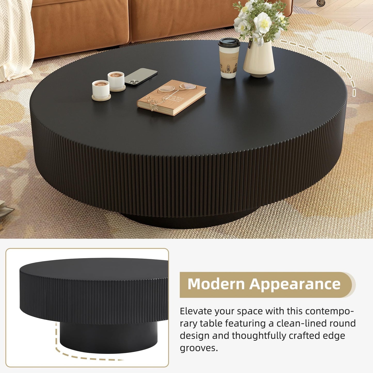 Merax Modern Round Coffee Table with Sturdy Base, Wood Center Tables for Living Room Reception Room, Easy Assemble, Black