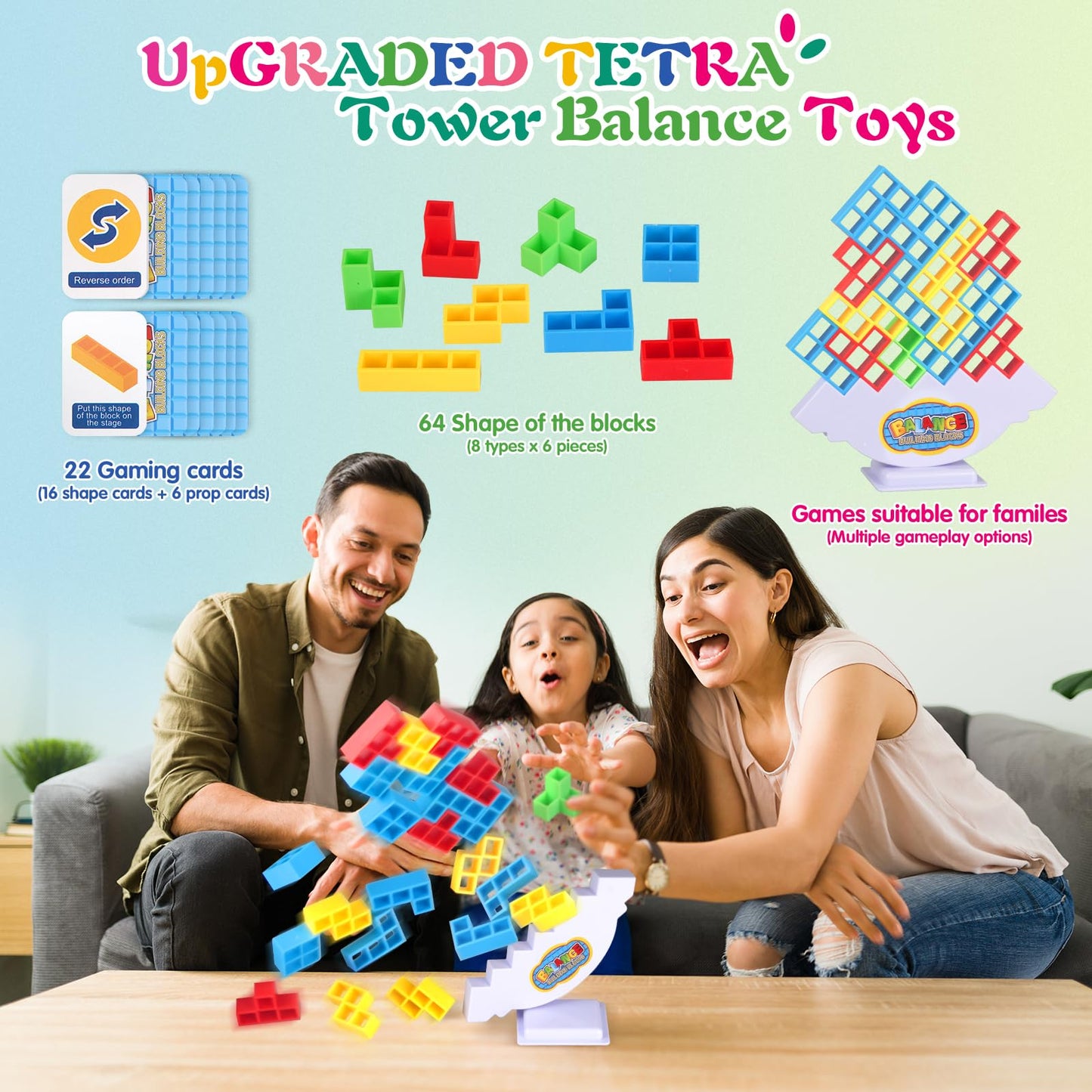 64Pcs Tetra Tower Game, Family Board for 2 Players Family Games, Building Blocks Stacking Balance Games Toys for Kids, Adults, Friends, Classroom, Family and Travel Party
