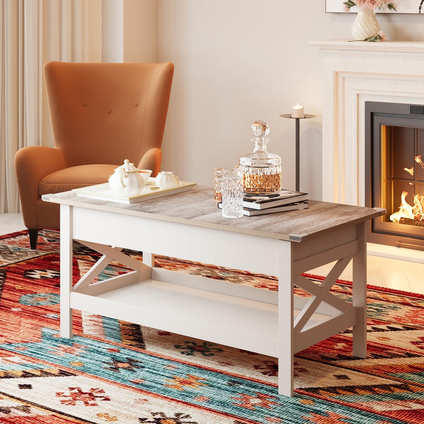 Vendricasa Lift Top Coffee Table with Storage, 39" Wooden Table for Lifting Top with Hidden Compartment, X Design Coffee Table for Living & Office & Reception Rooms, Rustic Brown