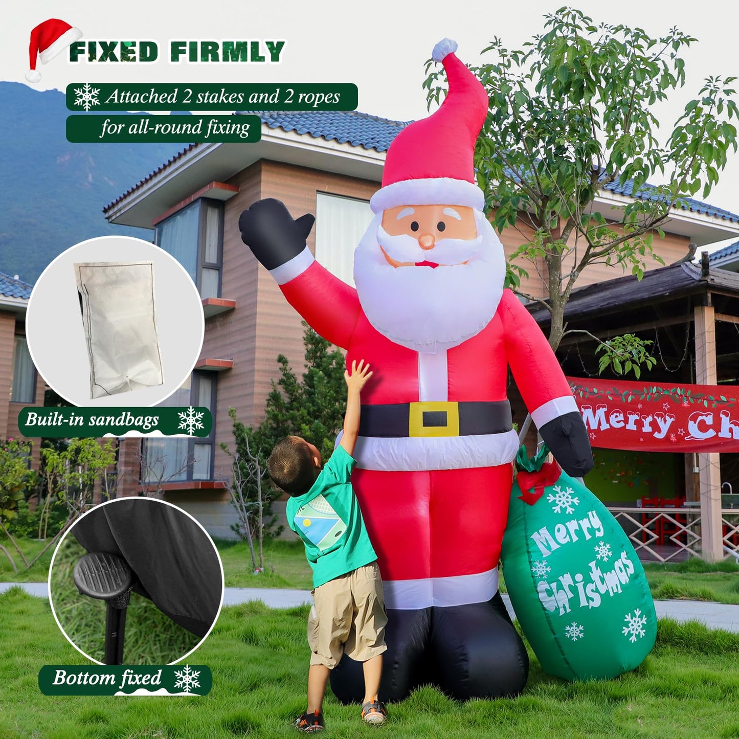 Thanger 7 FT Christmas Inflatable Santa Claus with Green Gift Bag, Blow up Santa Claus Indoor Outdoor Decoration, Built-in LED Lights for Yard Patio Garden Lawn Xmas Vacation Holiday Party Home Decor