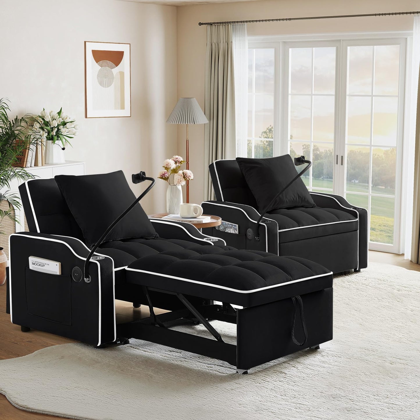 Convertible Sleeper Chair Sofa Bed,3 in 1 Velvet Tufted Pull Out Couch with Swivel Phone Holder & USB Ports,Futon Small Couch Bed w Cup Holders & Adjustable Backrest for Living Room,Small Place(Black)