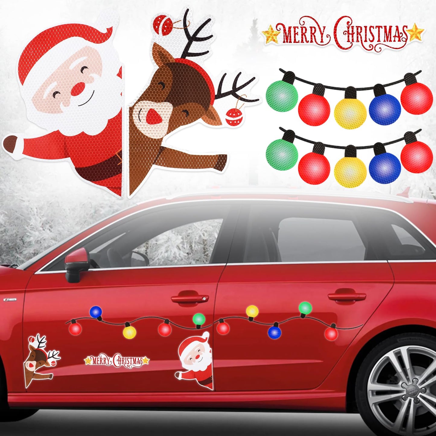 23Pcs Christmas Reflective Car Refrigerator Decorations, Bulb Light Shaped Magnets Set Elk Magnetic Xmas Lights Santa Claus Stickers for Cars or Any Metal Surface Magnet Accessories for Xmas Holiday