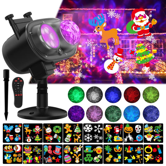 SOMKTN Slide Show Christmas LED Holiday Projector Outdoor, Waterproof 2-in-1 Ocean Wave Effect Halloween Projector Lights with 16 Slides Patterns & 10 Colors for House Garden Yard Xmas Decorations