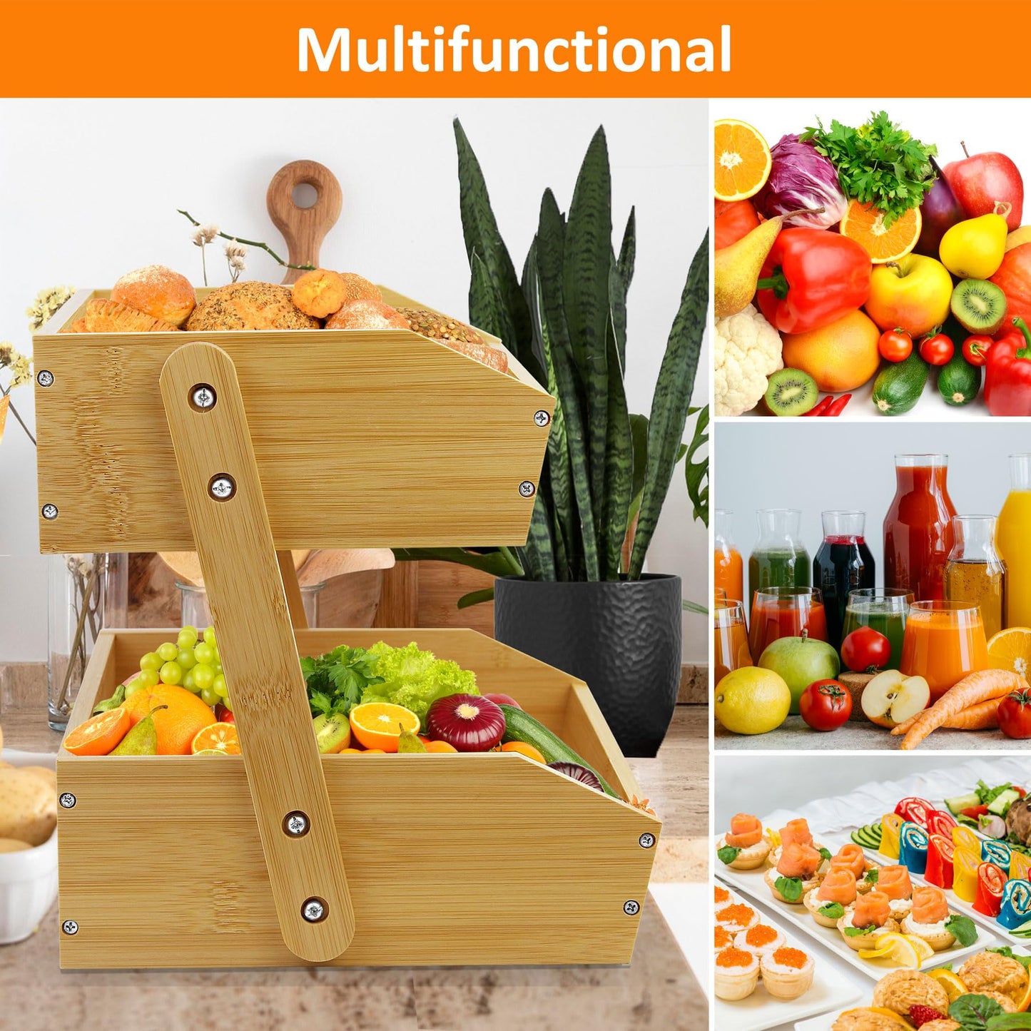 mobzio Fruit Basket Stand, 2 Tier Fruit Basket for Kitchen Counter, Produce Basket for Fruit and Vegetable Storage, Bamboo Basket Fruit Bowl Display Rack, Fruit Holder Snack Organizer