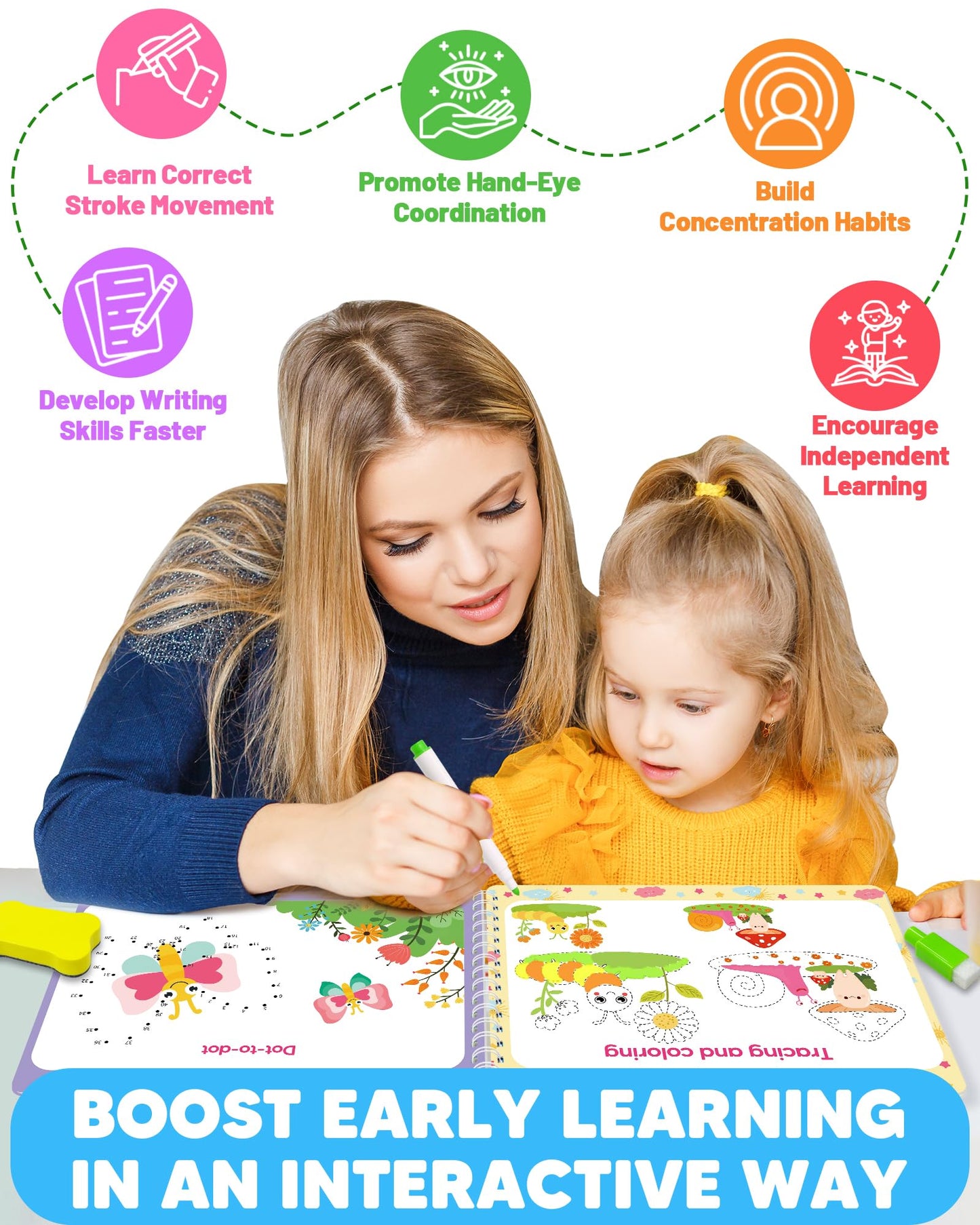 Walenty Preschool Learning Activities Kindergarten Workbooks, Toddler Busy Book Handwriting Practice Activity, Tracing Book for Kids 3-5, Montessori Educational Toys Gifts for 3 4 5 Year Old Boy Girl