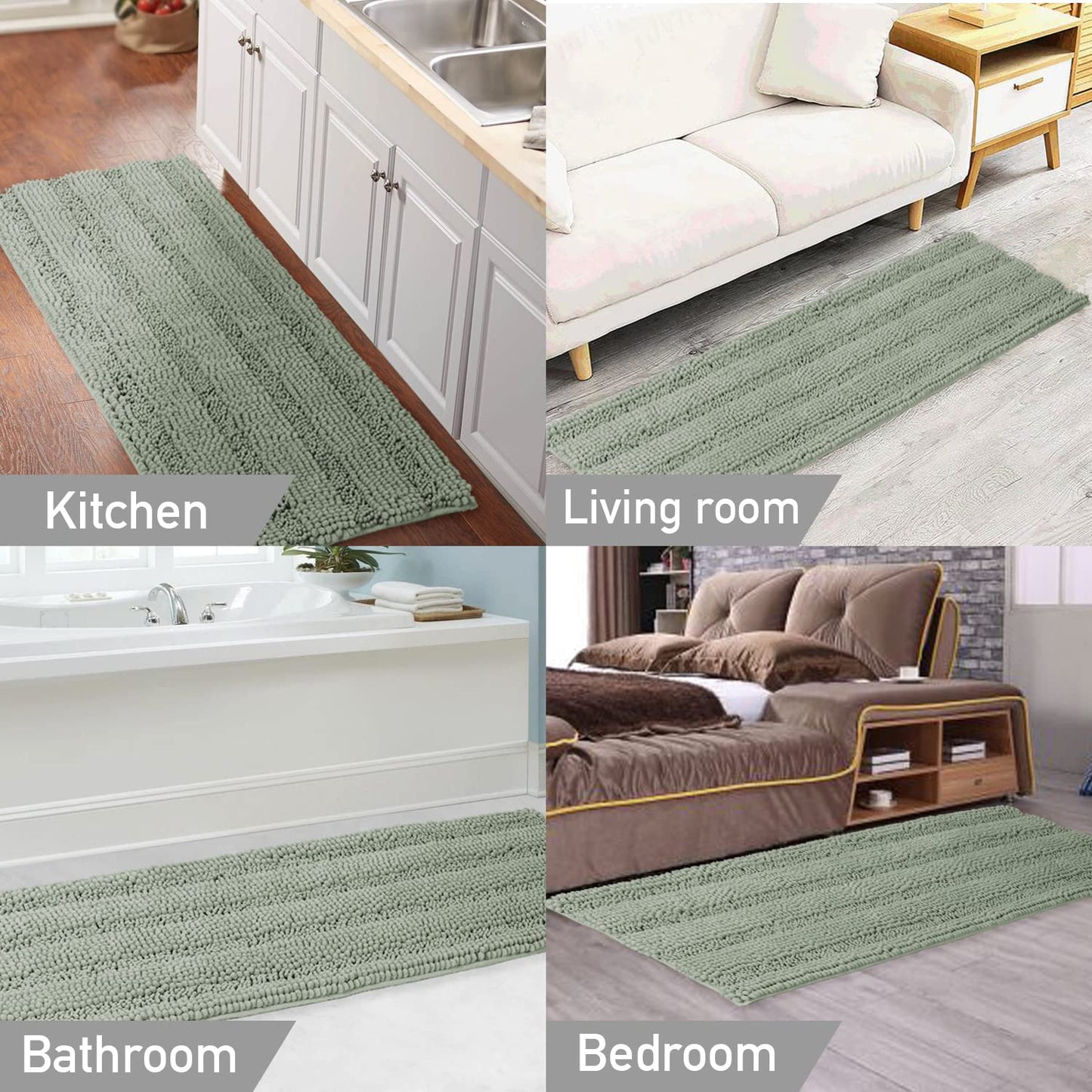 Turquoize Sage Green Bathroom Rugs Runner Extra Long 47 x 17 Large Bath Mat Plush Shaggy Chenille Bathroom Rug Non-Slip Bath Rug Runner Extra Soft & Absorbent Thick Floor Mats, Machine Washable, Sage