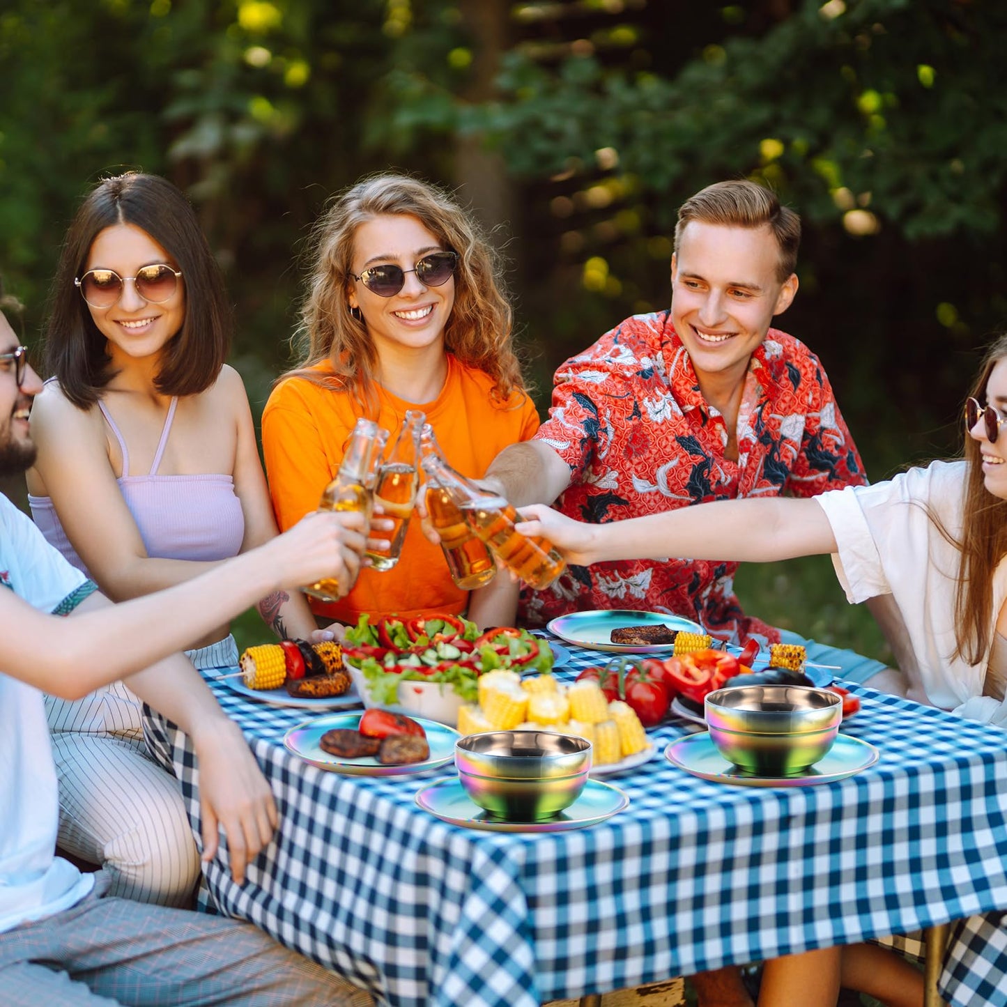Layhit 30 Pcs Rainbow Stainless Steel Dinnerware Set Include Set of 10 Plates Bowls Cups Iridescent Cooking Tableware Reusable Metal Dishes Cutlery Bulk for Camping Picnic Kitchen Dessert Salad Dinner
