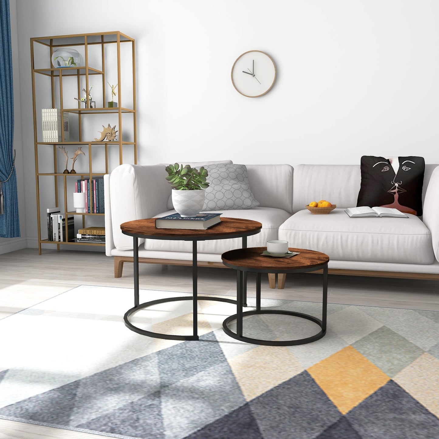 HOMERECOMMEND Round Coffee Table Set of 2 Modern Nesting Side End Table for Living Room,Round Wooden Coffee Table with Solid Powder-Coated Metal Frame, Rustic Brown/Black