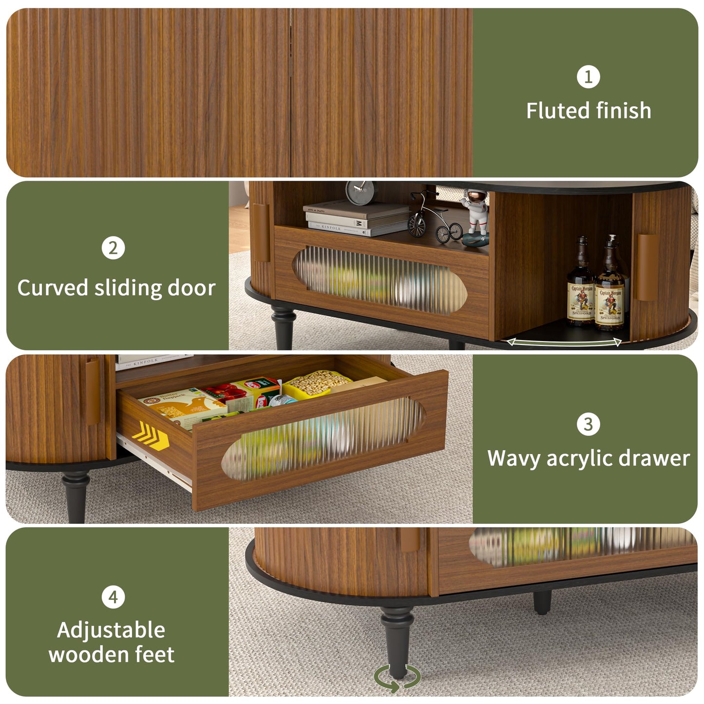 Fluted Round Coffee Table with Storage, Modern Oval Coffee Table with Drawer, Sliding Door, Low Small Center Tables for Living Room, Wooden Boho, Mid Century, Unique, Black and Walnut